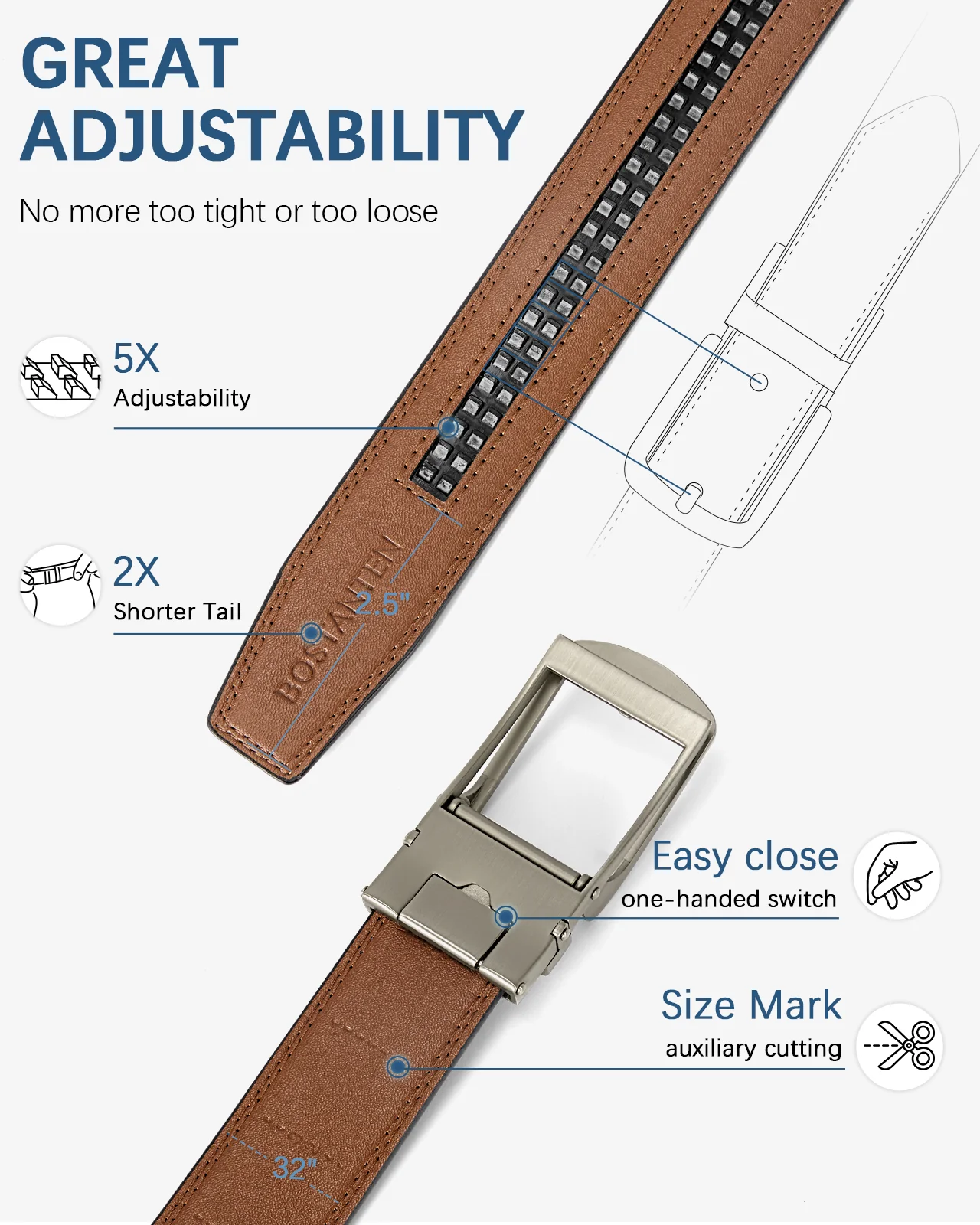 BOSTANTEN Ratchet Leather Belt For Men with Adjustable Buckle, Trim to Fit —Skeleton - Image 13
