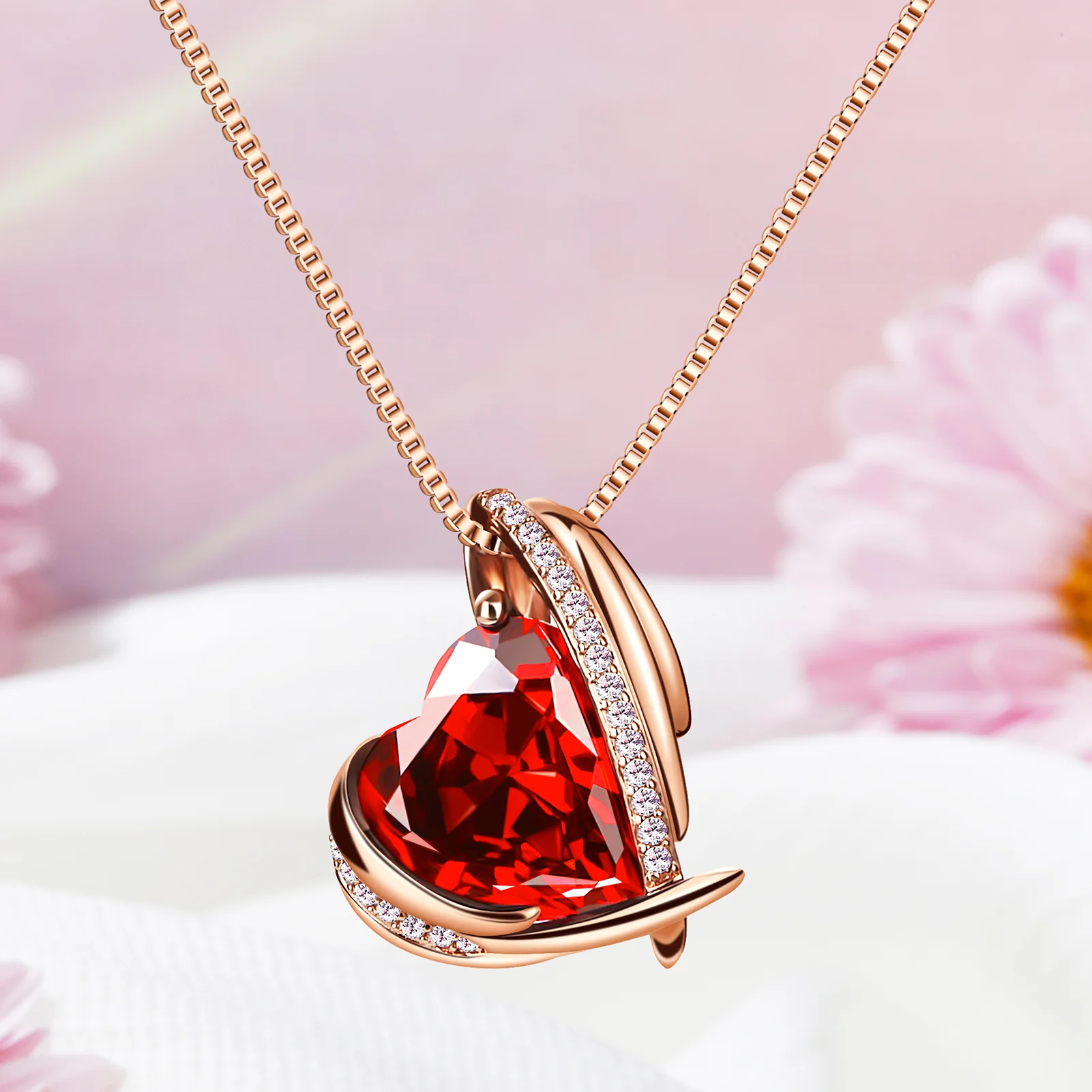 BOSTANTEN Rose Gold Plated Pendant Necklace with Birthstone Love Heart Crystal Jewelry Birthday Gifts for Women Mom Wife Girlfriend, 18"+2"