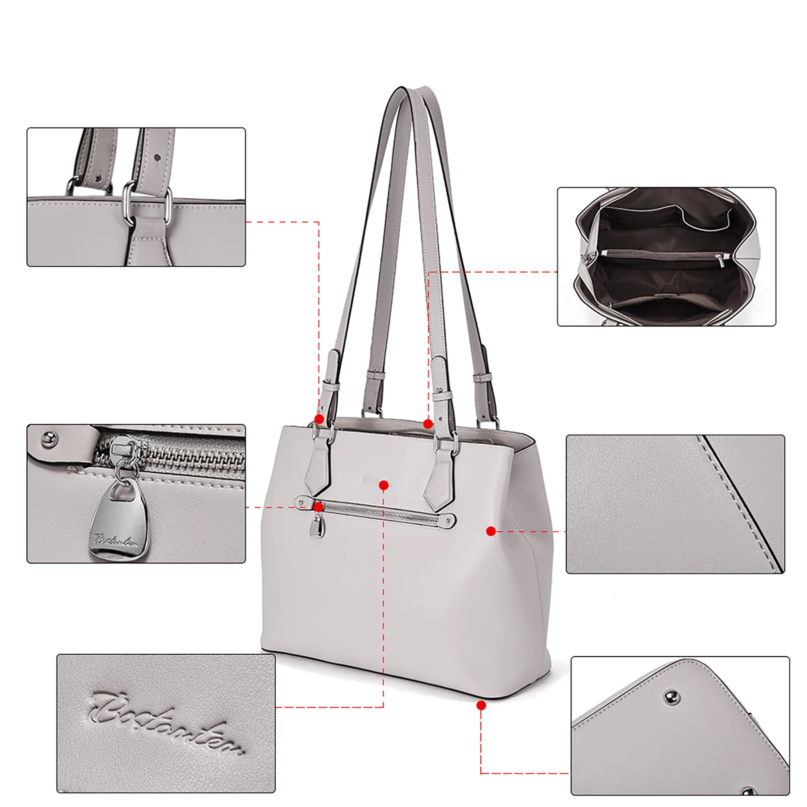 Nevin Structured Leather Shoulder Tote Bag - Front Zipper Pocket - Image 29