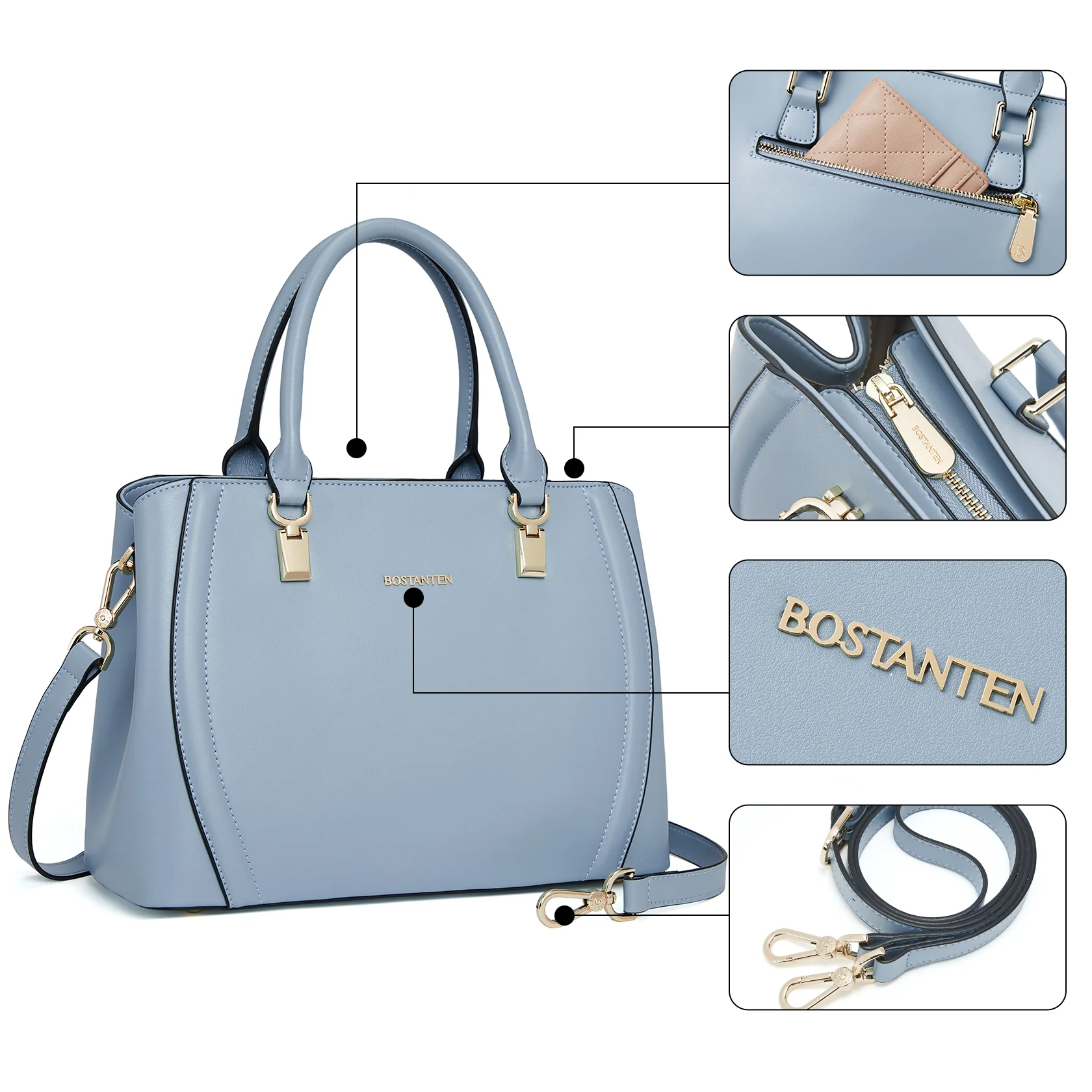 Designer 11'' Leather Satchel With Crossbody Strap - Image 24