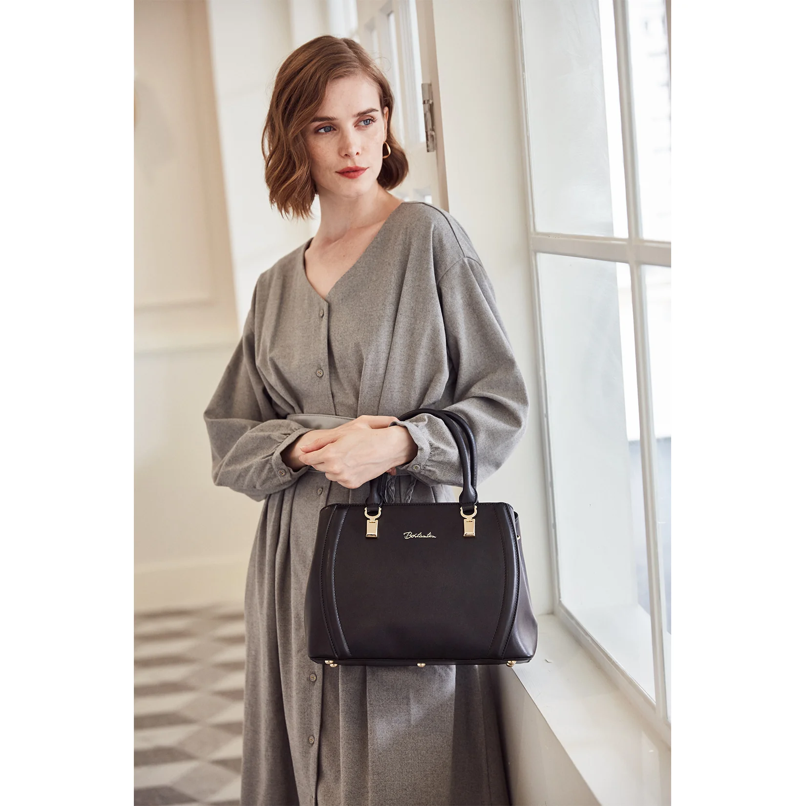 Designer 11'' Leather Satchel With Crossbody Strap - Image 8