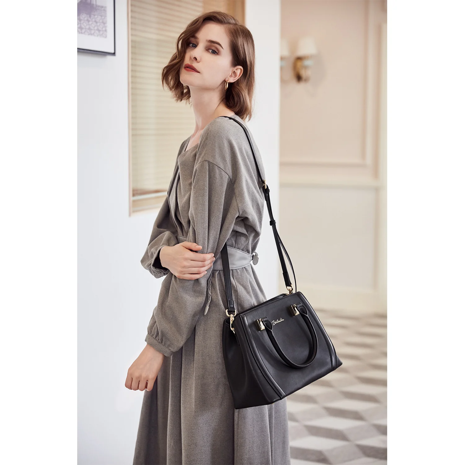 Designer 11'' Leather Satchel With Crossbody Strap - Image 9