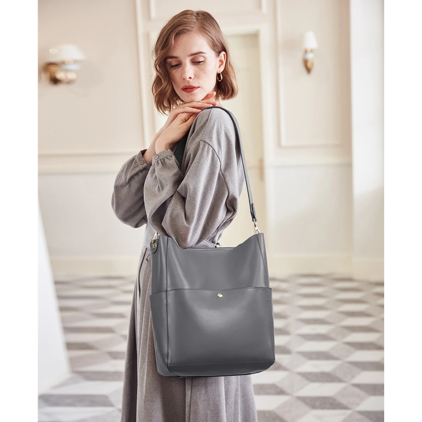 Lotty Genuine Leather Bucket Bag With 2 Shoulder Straps - Image 22