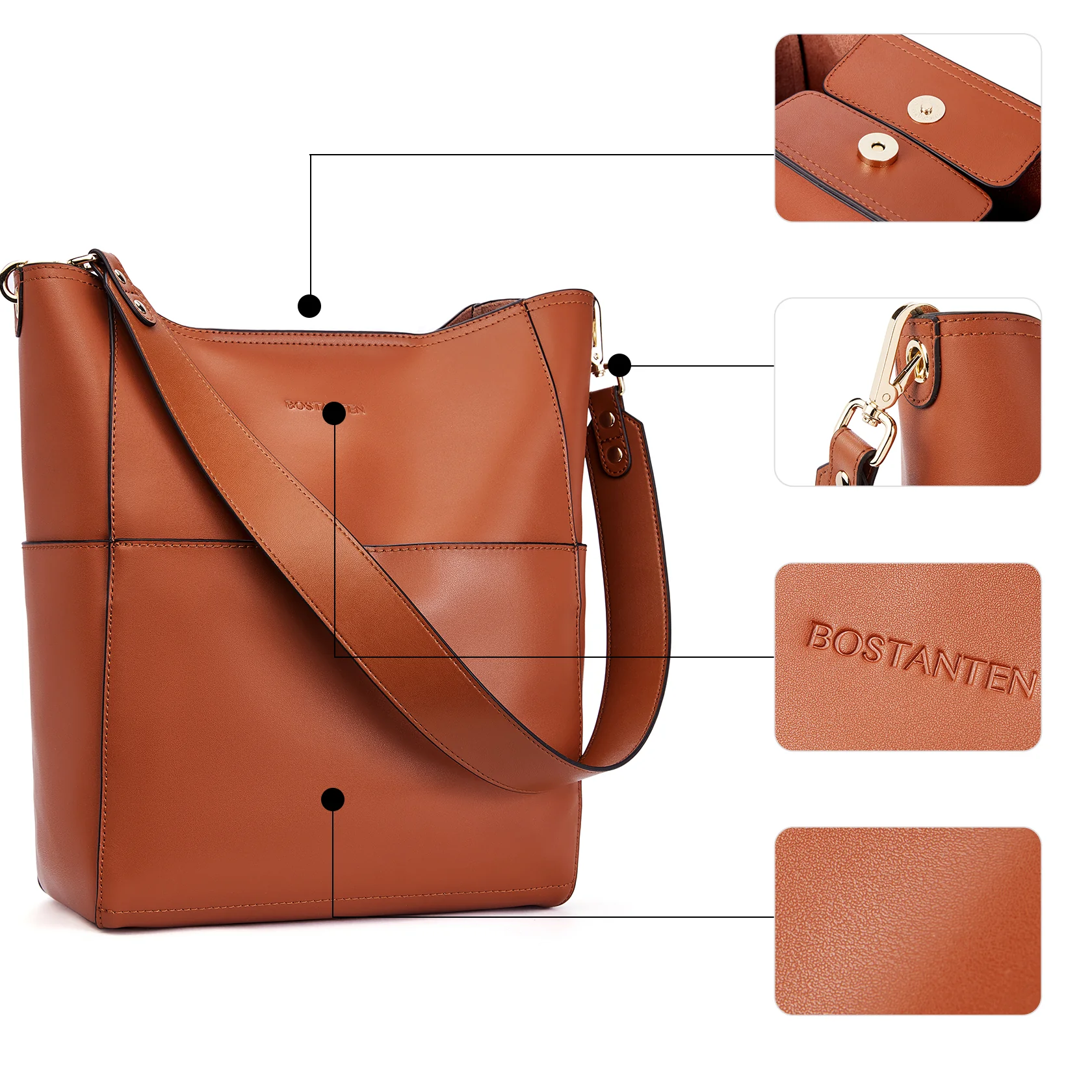 Lotty Genuine Leather Bucket Bag With 2 Shoulder Straps - Image 8