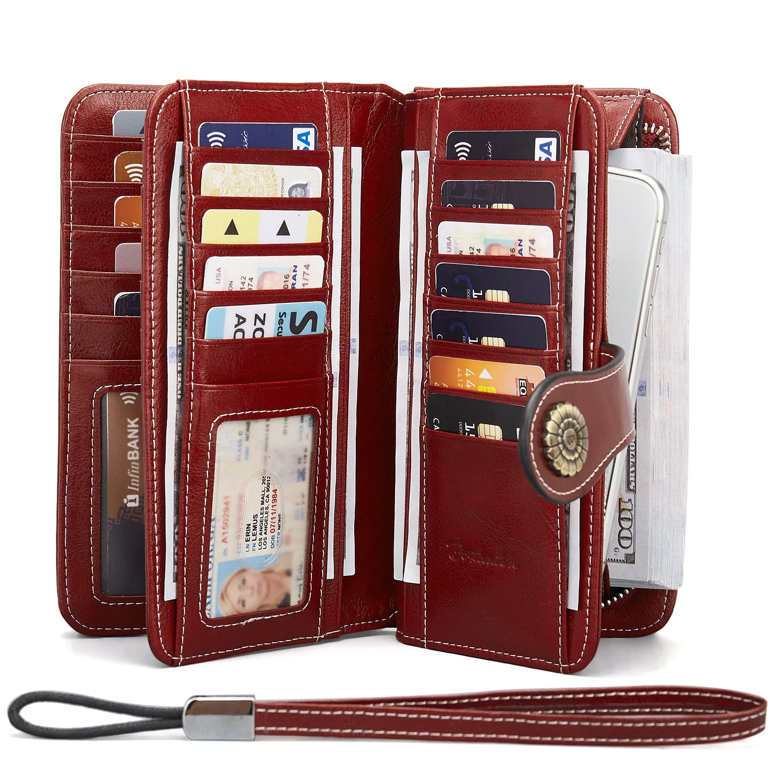 Lomy Leather Wallet For Women With Wristlet - Red - Image 2