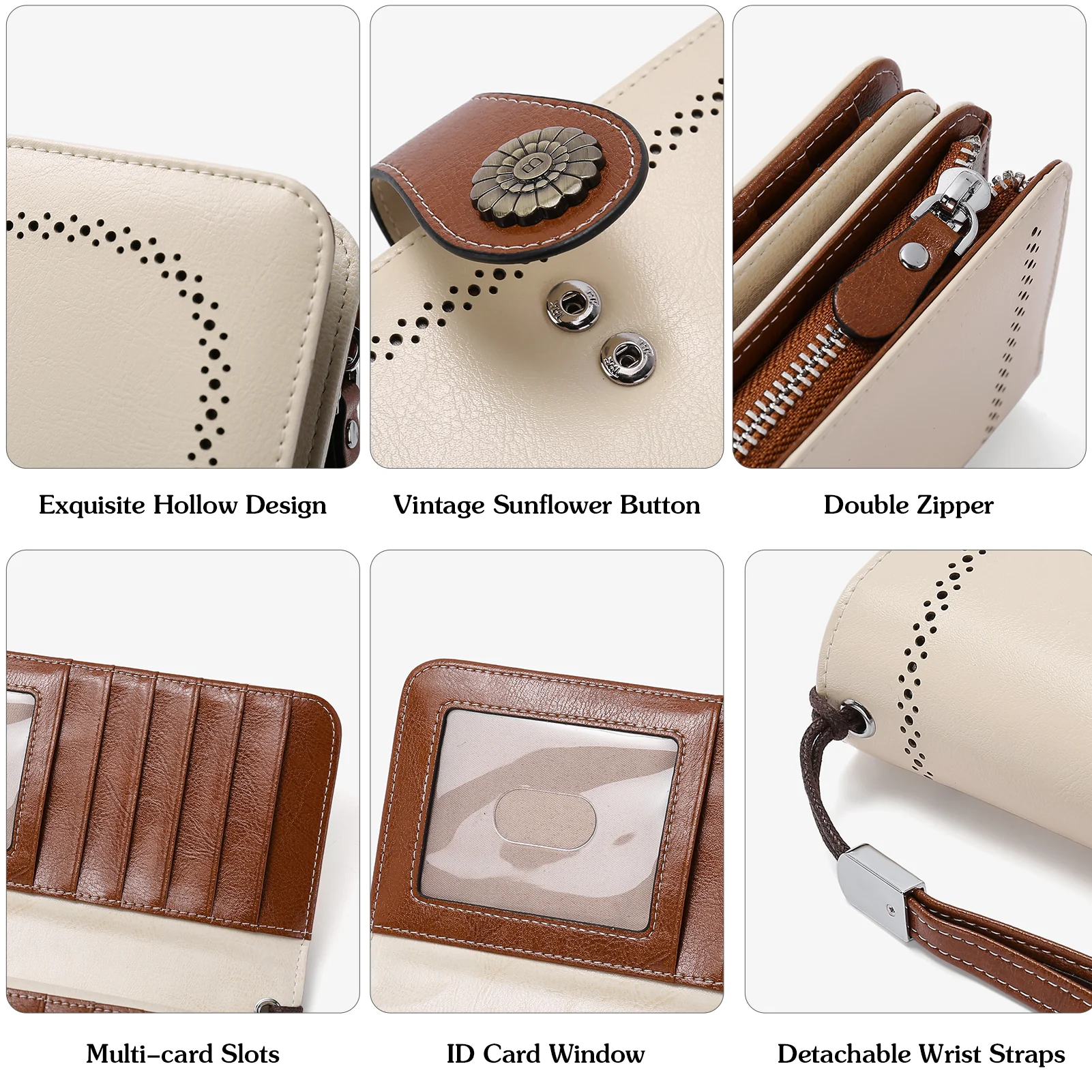 Lomy Leather Wallet For Women With Wristlet - Beige With Brown - Image 6