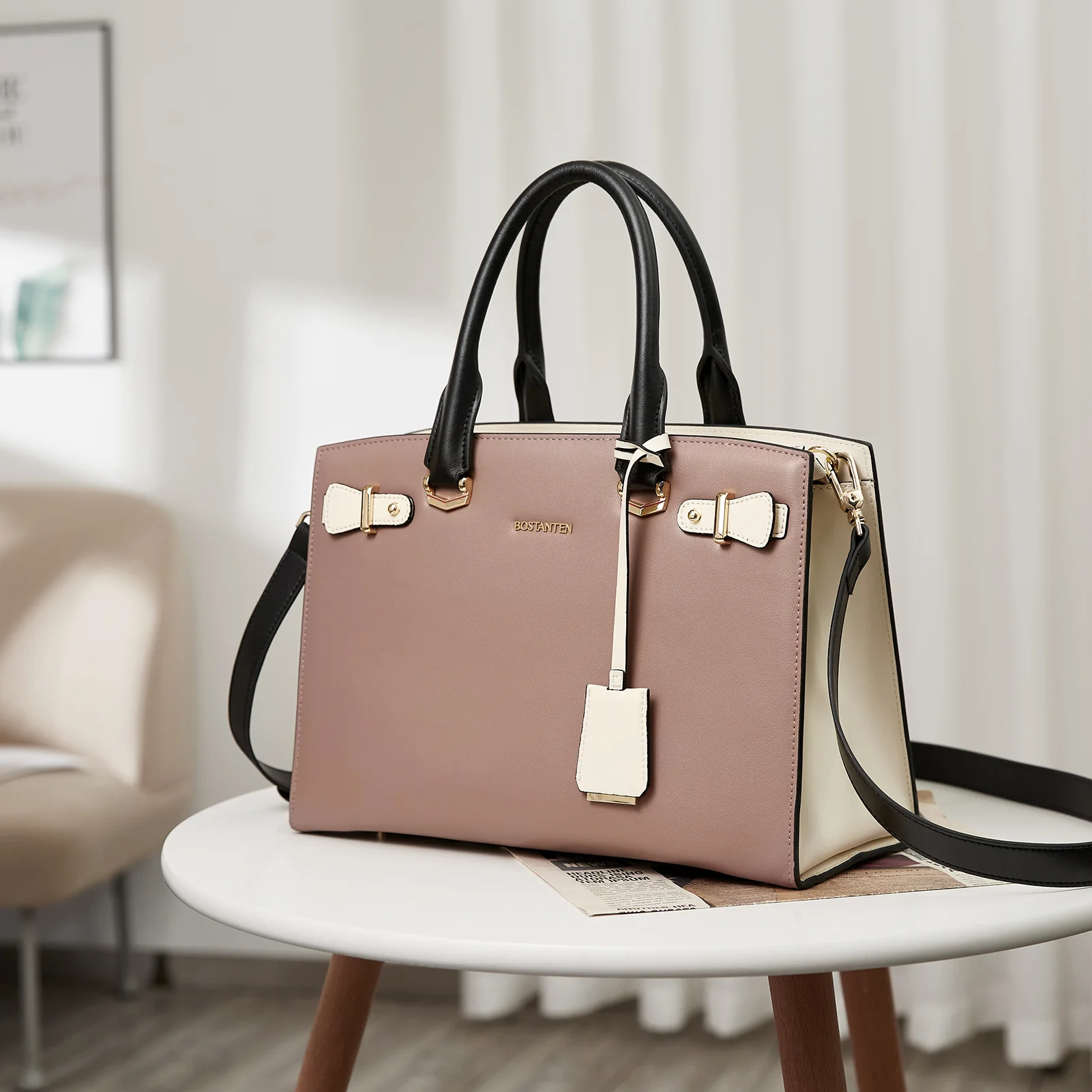 Genuine Leather Satchel Crossbody - Pink - Image 2
