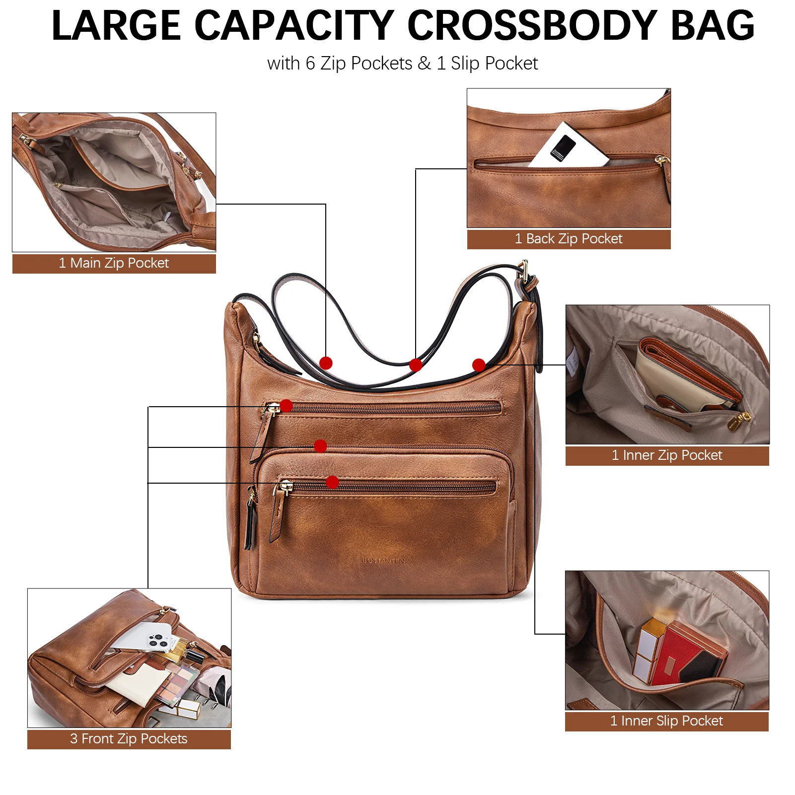 Evelyn Multi Pocket Shoulder Hobo Bag - Image 5